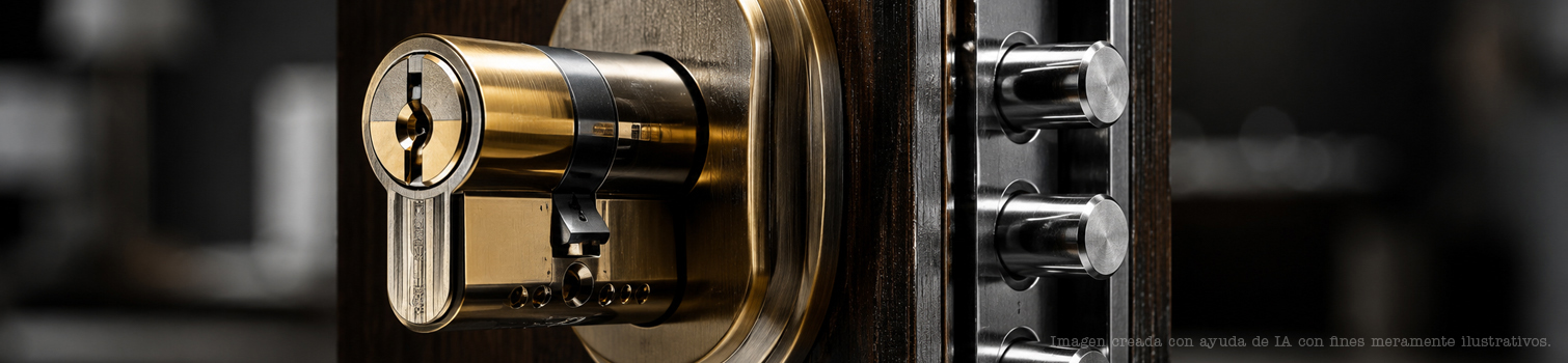 insights cerrajero quiere que sepas cerradura Primer plano del bombín de alta seguridad en tonos dorados instalado por keys cerrajeros en una puerta de madera, con los pitones de acero del mecanismo de protección.